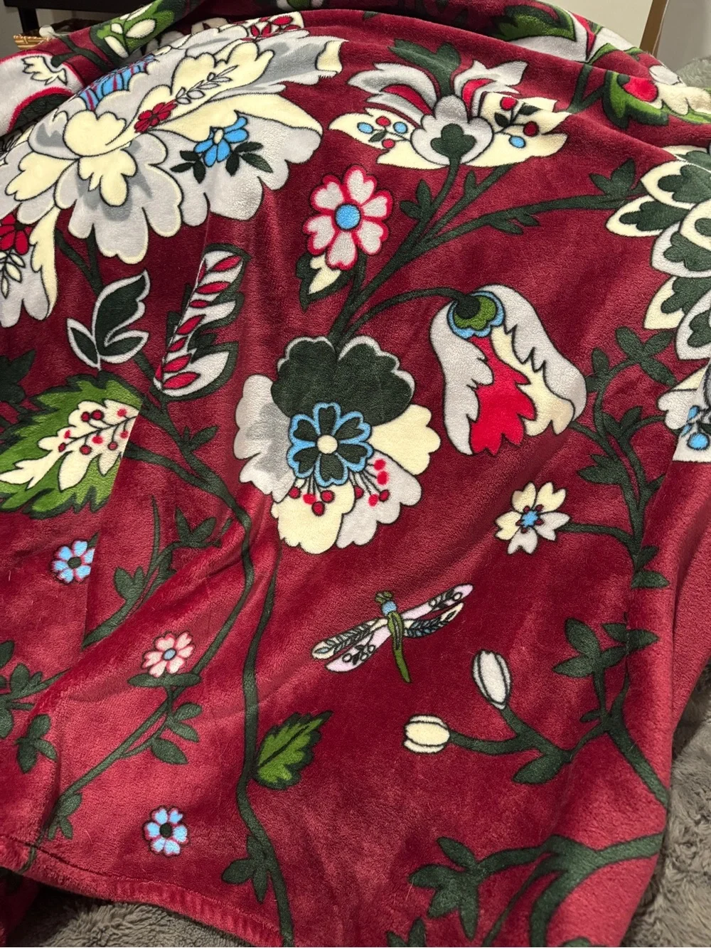 Vera Bradley Burgundy Floral Plush Throw with Multicolor Blooms
